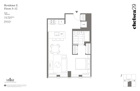 A floor plan for Residence E Floor 3-12 with a kitchen, living room, and bedrooms.